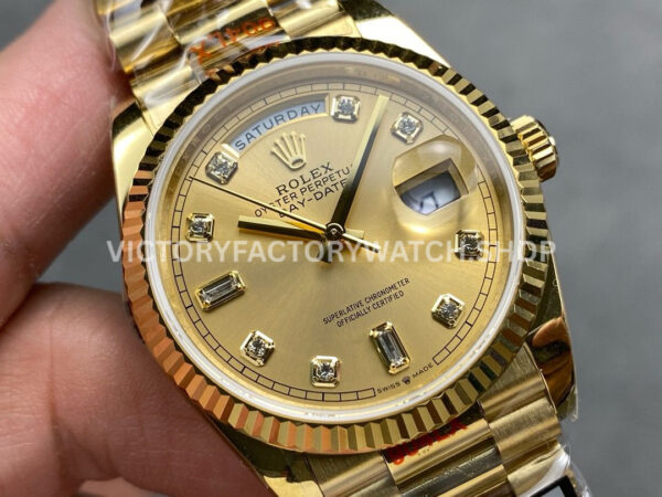 QF Factory Counterweight Rolex Day-Date 128238-0008 36mm Full Yellow Gold Diamond Mope Baguette Diamond Gold Dial