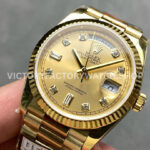 QF Factory Counterweight Rolex Day-Date 128238-0008 36mm Full Yellow Gold Diamond Mope Baguette Diamond Gold Dial
