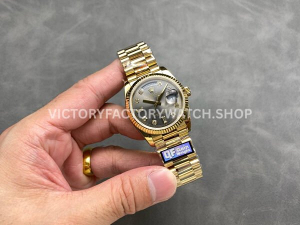 QF Factory Counterweight Rolex Day-Date 128238-0022 36mm Full Yellow Gold Diamond Mope Baguette Diamond Grey Dial