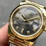 QF Factory Counterweight Rolex Day-Date 128238-0022 36mm Full Yellow Gold Diamond Mope Baguette Diamond Grey Dial
