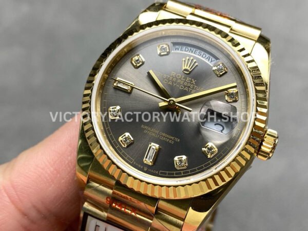 QF Factory Counterweight Rolex Day-Date 128238-0022 36mm Full Yellow Gold Diamond Mope Baguette Diamond Grey Dial