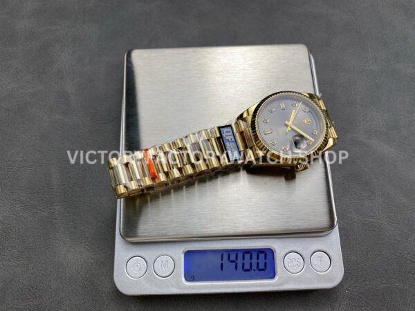 QF Factory Counterweight Rolex Day-Date 128238-0022 36mm Full Yellow Gold Diamond Mope Baguette Diamond Grey Dial