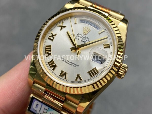 QF Factory Counterweight Rolex Day-Date 128238-0076 36mm Full Yellow Gold Roman Numerals Silver Dial