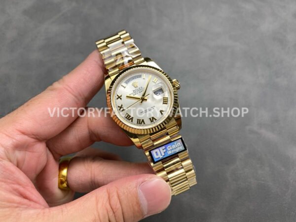 QF Factory Counterweight Rolex Day-Date 128238-0076 36mm Full Yellow Gold Roman Numerals Silver Dial