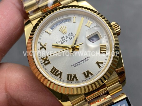 QF Factory Counterweight Rolex Day-Date 128238-0076 36mm Full Yellow Gold Roman Numerals Silver Dial
