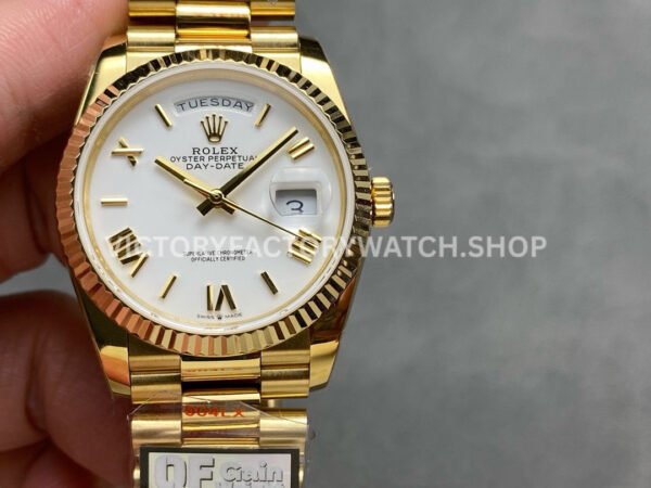 QF Factory Counterweight Rolex Day-Date 128238-0076 36mm Full Yellow Gold Roman Numerals W (3) QF Factory Day-Date yellow gold replica