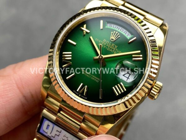 QF Factory Counterweight Rolex Day-Date 128238-0118 36mm Full Yellow Gold Roman Numerals G (5) QF Factory Counterweight Rolex Day-Date 128238-0118 36mm Full Yellow Gold Roman Numerals Green Dial