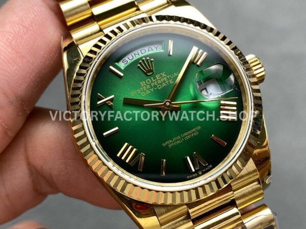 QF Factory Counterweight Rolex Day-Date 128238-0118 36mm Full Yellow Gold Roman Numerals G QF Factory Counterweight Rolex Day-Date 128238-0118 36mm Full Yellow Gold Roman Numerals Green Dial