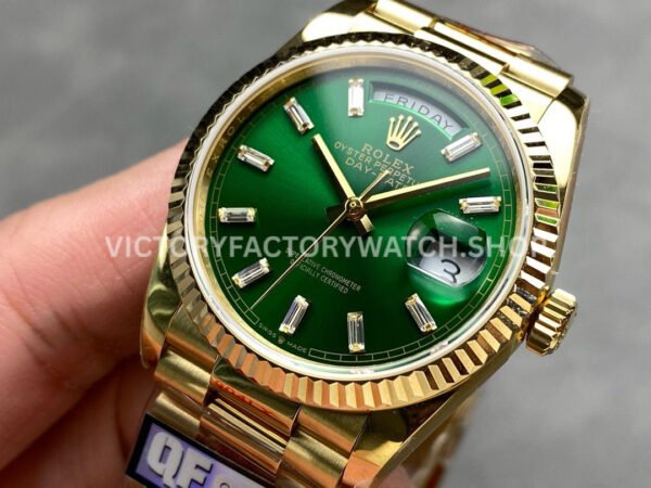 QF Factory Counterweight Rolex Day-Date 128238-0130 36mm Full Yellow Gold Baguette Diamo (3) QF Factory Counterweight Rolex Day-Date 128238-0130 36mm Full Yellow Gold Baguette Diamond Green Dial