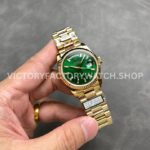 QF Factory Counterweight Rolex Day-Date 128238-0130 36mm Full Yellow Gold Baguette Diamo (6) QF Factory Counterweight Rolex Day-Date 128238-0130 36mm Full Yellow Gold Baguette Diamond Green Dial