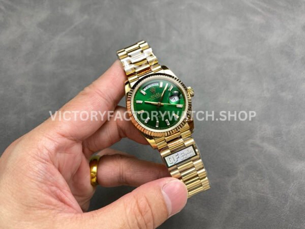QF Factory Counterweight Rolex Day-Date 128238-0130 36mm Full Yellow Gold Baguette Diamo (6) QF Factory Counterweight Rolex Day-Date 128238-0130 36mm Full Yellow Gold Baguette Diamond Green Dial
