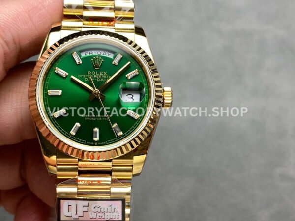 QF Factory Counterweight Rolex Day-Date 128238-0130 36mm Full Yellow Gold Baguette Diamo (7) Rolex Day-Date 128238 diamond dial replica