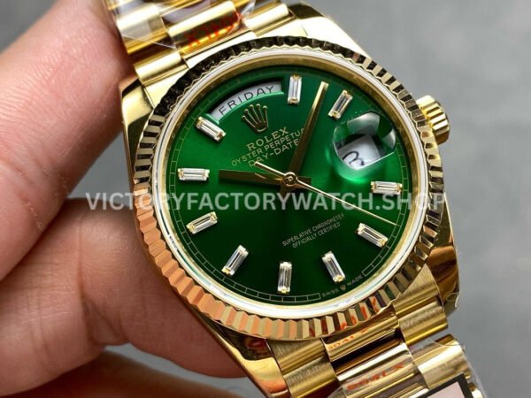 QF Factory Counterweight Rolex Day-Date 128238-0130 36mm Full Yellow Gold Baguette Diamond (1) QF Factory Counterweight Rolex Day-Date 128238-0130 36mm Full Yellow Gold Baguette Diamond Green Dial