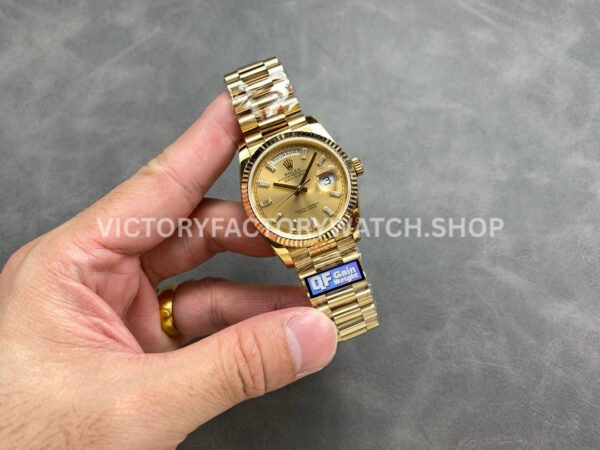 QF Factory Counterweight Rolex Day-Date 128238 36mm Full Yellow Gold Baguette Diamond Gold Dial