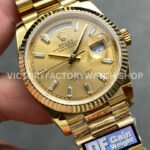 QF Factory Counterweight Rolex Day-Date 128238 36mm Full Yellow Gold Baguette Diamond Gold Dial