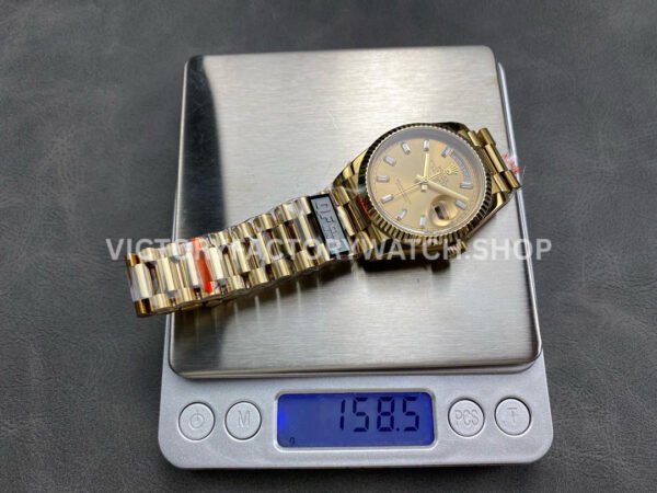 QF Factory Counterweight Rolex Day-Date 128238 36mm Full Yellow Gold Baguette Diamond Gold Dial