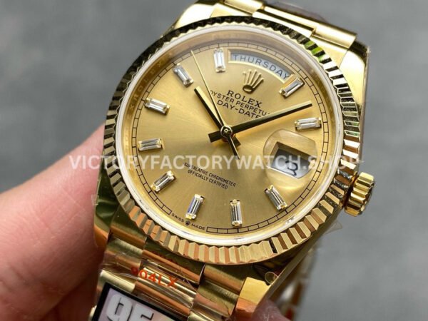 QF Factory Counterweight Rolex Day-Date 128238 36mm Full Yellow Gold Baguette Diamond Gold Dial