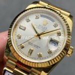 QF Factory Counterweight Rolex Day-Date 128238 36mm Full Yellow Gold Diamond Mo QF Factory Counterweight Rolex Day-Date 128238 36mm Full Yellow Gold Diamond Mope&Baguette Diamond Silver Dial