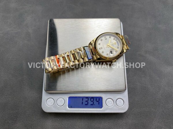 QF Factory Counterweight Rolex Day-Date 128238 36mm Full Yellow Gold Diamond Mo (3) QF Factory Counterweight Rolex Day-Date 128238 36mm Full Yellow Gold Diamond Mope&Baguette Diamond Silver Dial