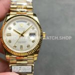 QF Factory Counterweight Rolex Day-Date 128238 36mm Full Yellow Gold Diamond Mo (5) QF Factory Counterweight Rolex Day-Date 128238 36mm Full Yellow Gold Diamond Mope&Baguette Diamond Silver Dial