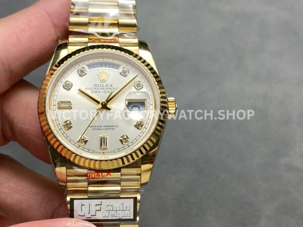 QF Factory Counterweight Rolex Day-Date 128238 36mm Full Yellow Gold Diamond Mo (5) QF Factory Counterweight Rolex Day-Date 128238 36mm Full Yellow Gold Diamond Mope&Baguette Diamond Silver Dial