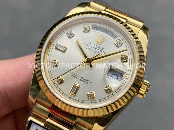 QF Factory Counterweight Rolex Day-Date 128238 36mm Full Yellow Gold Diamond Mo QF Factory Counterweight Rolex Day-Date 128238 36mm Full Yellow Gold Diamond Mope&Baguette Diamond Silver Dial