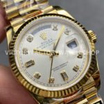 QF Factory Counterweight Rolex Day-Date 128238 36mm Full Yellow Gold Diamond Mo (9) QF Factory Counterweight Rolex Day-Date 128238 36mm Full Yellow Gold Diamond Mope&Baguette Diamond Silver Dial