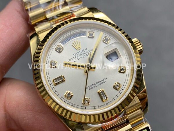QF Factory Counterweight Rolex Day-Date 128238 36mm Full Yellow Gold Diamond Mo (9) QF Factory Counterweight Rolex Day-Date 128238 36mm Full Yellow Gold Diamond Mope&Baguette Diamond Silver Dial