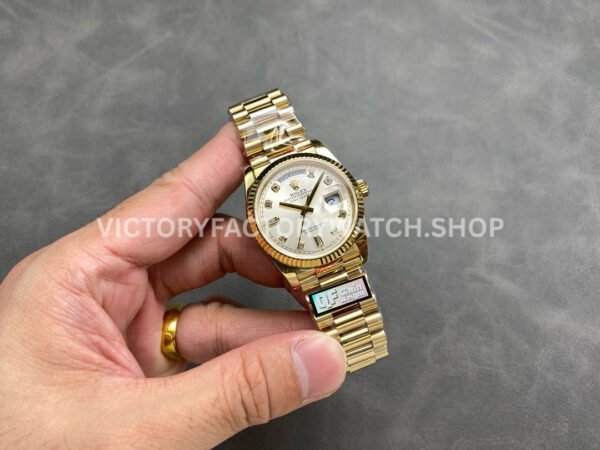 QF Factory Counterweight Rolex Day-Date 128238 36mm Full Yellow Gold Diamond Mope (1) QF Factory Counterweight Rolex Day-Date 128238 36mm Full Yellow Gold Diamond Mope&Baguette Diamond Silver Dial