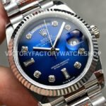 QF Factory Counterweight Rolex Day-Date 128239-0023 36mm Full 904L Diamond Mope Baguette Diamond Blue Dial