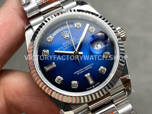 QF Factory Counterweight Rolex Day-Date 128239-0023 36mm Full 904L Diamond Mope Baguette Diamond Blue Dial