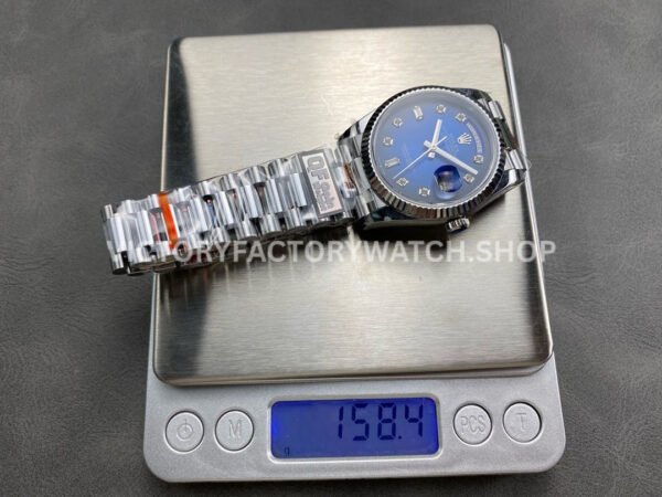 QF Factory Counterweight Rolex Day-Date 128239-0023 36mm Full 904L Diamond Mope Baguette Diamond Blue Dial