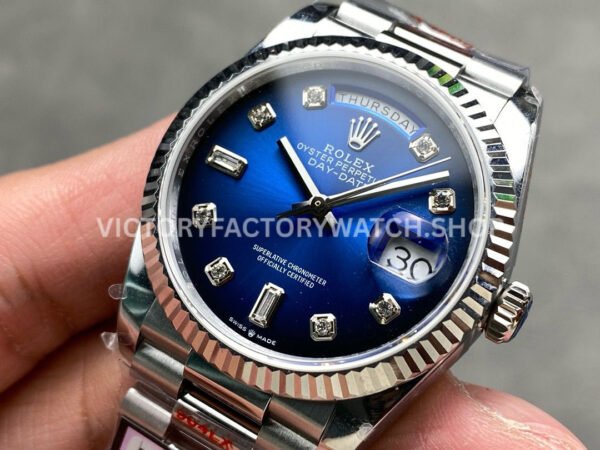 QF Factory Counterweight Rolex Day-Date 128239-0023 36mm Full 904L Diamond Mope Baguette Diamond Blue Dial