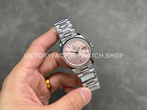 QF Factory Counterweight Rolex Day-Date 128239-0071 36mm Full 904L Baguette Diamond Pink Dial
