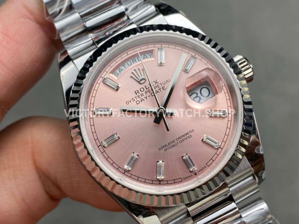 QF Factory Counterweight Rolex Day-Date 128239-0071 36mm Full 904L Baguette Diamond Pink Dial