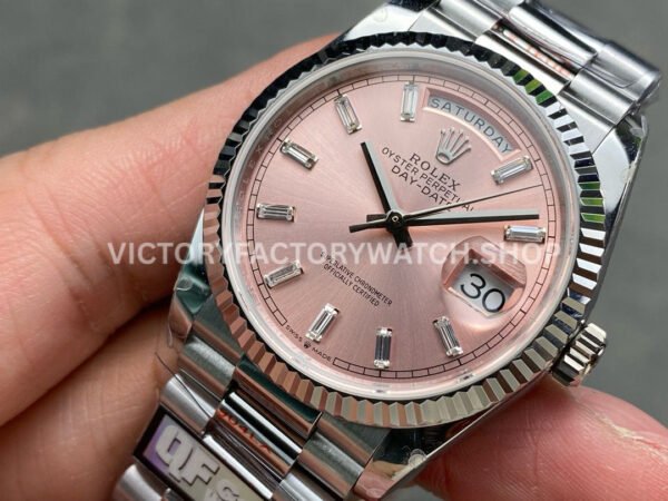 QF Factory Counterweight Rolex Day-Date 128239-0071 36mm Full 904L Baguette Diamond Pink Dial