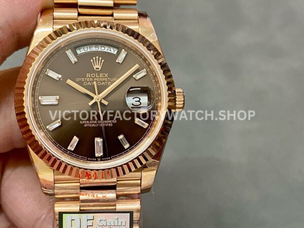 QF Factory Counterweight Rolex Day-Date 228235-0003 40mm Full Rose Gold Baguette Diamond Brown D (3) daydate chocolate baguette qf