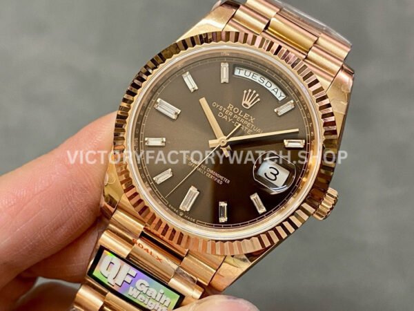 QF Factory Counterweight Rolex Day-Date 228235-0003 40mm Full Rose Gold Baguette Diamond Brown D (8) QF Factory Counterweight Rolex Day-Date 228235-0003 40mm Full Rose Gold Baguette Diamond Brown Dial