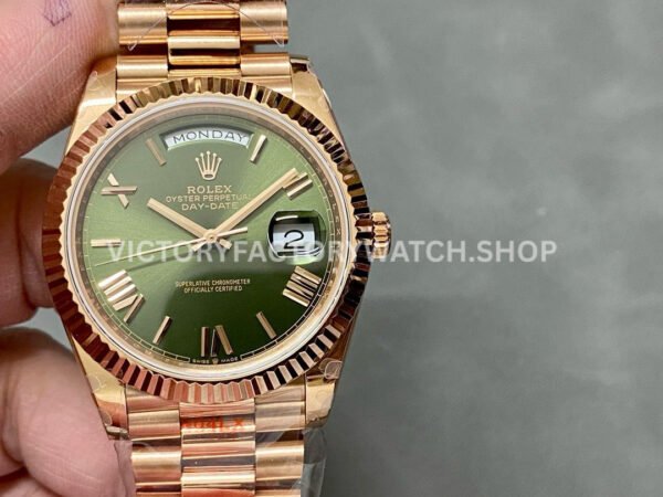 QF Factory 'Counterweight' Rolex Day-Date 228235-0025 40mm Full Rose Gold Roman Number Olive G daydate olive roman rose gold qf