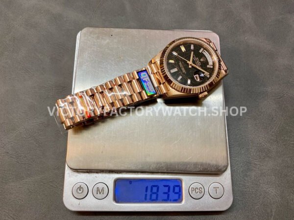 QF Factory Counterweight Rolex Day-Date 228235-0045 40mm Full Rose Gold Baguette Diamond Black D (6) QF Factory Counterweight Rolex Day-Date 228235-0045 40mm Full Rose Gold Baguette Diamond Black Dial