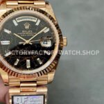 QF Factory Counterweight Rolex Day-Date 228235-0045 40mm Full Rose Gold Baguette Diamond Black D (8) Rolex Day-Date 228235 replica watch