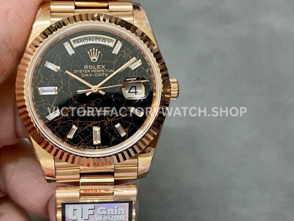 QF Factory Counterweight Rolex Day-Date 228235-0045 40mm Full Rose Gold Baguette Diamond Black D (8) Rolex Day-Date 228235 replica watch