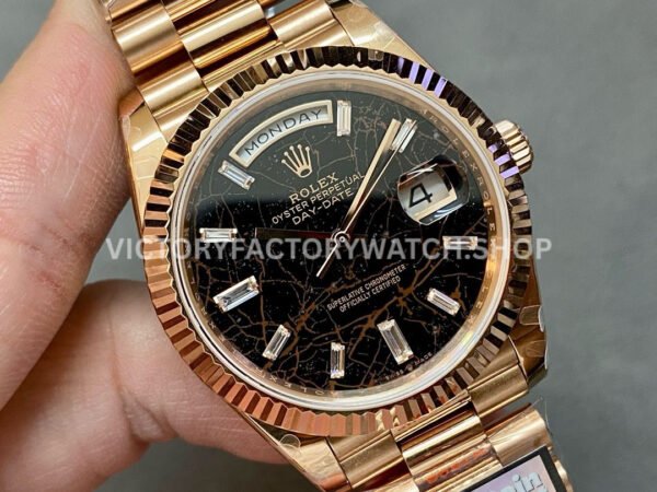 QF Factory Counterweight Rolex Day-Date 228235-0045 40mm Full Rose Gold Baguette Diamond Black Dia (1) QF Factory Counterweight Rolex Day-Date 228235-0045 40mm Full Rose Gold Baguette Diamond Black Dial