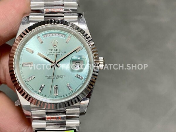 QF Factory Counterweight Rolex Day-Date 228236-0006 40mm Full Platinum Baguette Diamond Blue Dial (6) daydate blue roman platinum qf