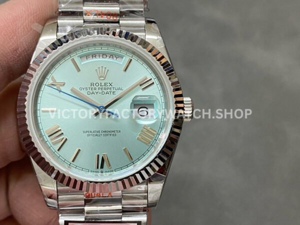 QF Factory Counterweight Rolex Day-Date 228236-0012 40mm Full Platinum Roman Numerals Blue Dial (7) daydate baguette blue platinum qf