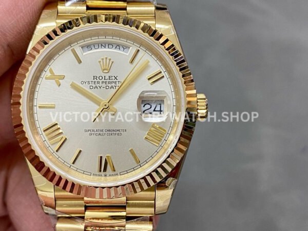 QF Factory Counterweight Rolex Day-Date 228238-0002 40mm Full Yellow Gold Roman Number Silver Dial (1) Rolex Day-Date 40mm super clone yellow gold