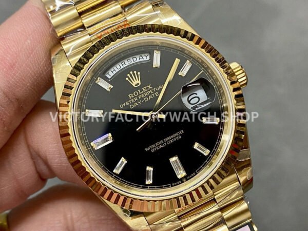 QF Factory Counterweight Rolex Day-Date 228238-0004 40mm Full Yellow Gold Baguette Diamond Bla (7) QF Factory Counterweight Rolex Day-Date 228238-0004 40mm Full Yellow Gold Baguette Diamond Black Dial