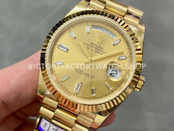 QF Factory Counterweight Rolex Day-Date 228238-0005 40mm Full Yellow Gold Baguette Diamon (5) QF Factory Counterweight Rolex Day-Date 228238-0005 40mm Full Yellow Gold Baguette Diamond Champagne Dial