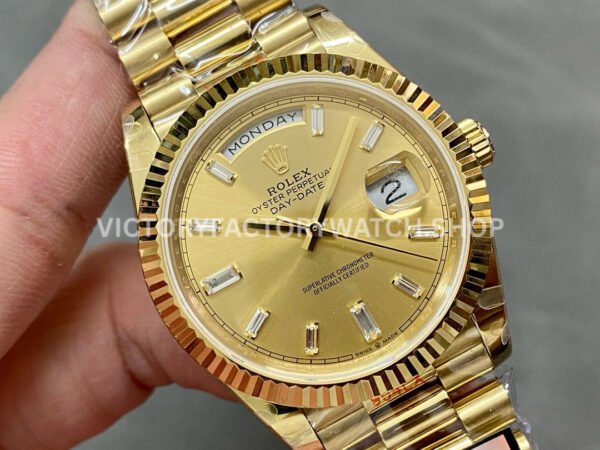 QF Factory Counterweight Rolex Day-Date 228238-0005 40mm Full Yellow Gold Baguette Diamon (8) QF Factory Counterweight Rolex Day-Date 228238-0005 40mm Full Yellow Gold Baguette Diamond Champagne Dial