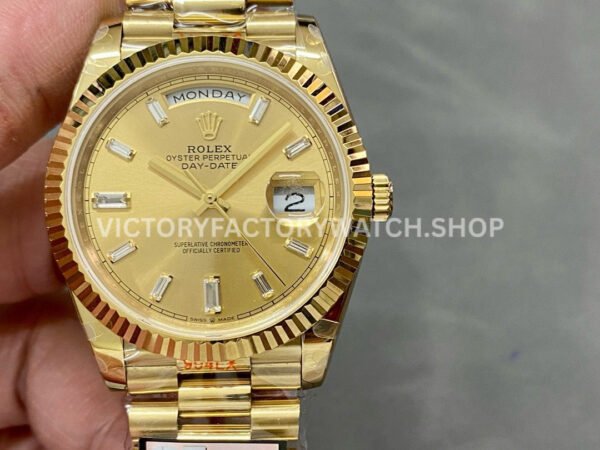 QF Factory Counterweight Rolex Day-Date 228238-0005 40mm Full Yellow Gold Baguette Diamond (1) daydate champagne baguette qf